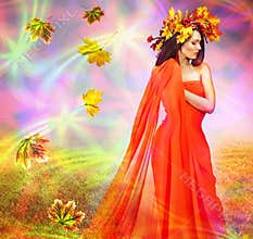 Autumn leaves background with woman. Conceptual fall fashion september sun
