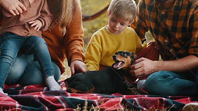 Young family with children and a dog in an autumn park