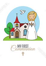 First communion card. Girl with a crucifix