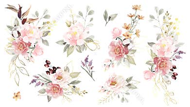 Big set of watercolor flowers bouquets with golden elements