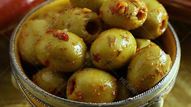 Traditional Moroccan spicy olives in a bowl