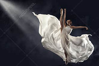 Ballerina Jumping in White Silk Dress, Modern Ballet Dancer in Pointe Shoes, Fluttering Waving Cloth, Gray Background