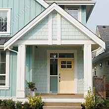 House Home Pastel Yellow Door Exterior Front  Elevation Roof Details