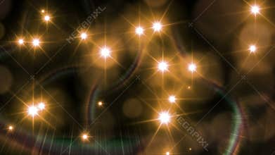 Camera flash light on black background. Loop animation. Beautiful lens flare effect and colorful twinkle. Orange sparkling light.