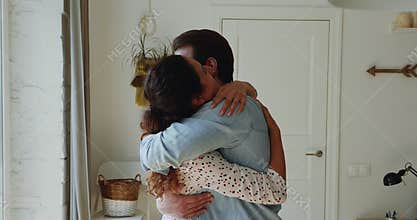 After separation couple in love hugging enjoy moment of reunion