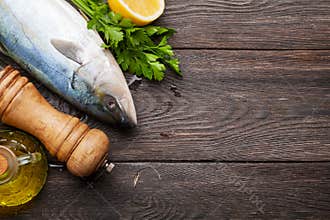 Raw fish cooking. Seafood and ingredients