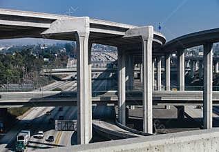 Complicated freeway interchange of highways and overpasses in Los Angeles, California