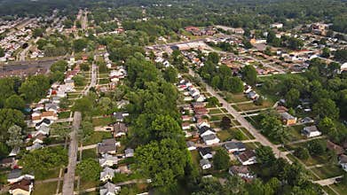 Aerial view over the small town sleeping area houses complex of landscape above aerial view Cleveland Ohio US
