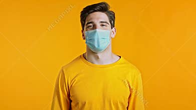 Handsome young man in protective mask smiles to camera. Hipster guy showing OK sign and winking over yellow background