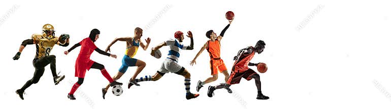 Sport collage of professional athletes or players isolated on white background, flyer