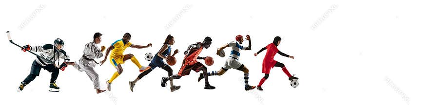 Sport collage of professional athletes or players isolated on white background, flyer
