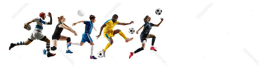 Sport collage of professional athletes or players isolated on white background, flyer