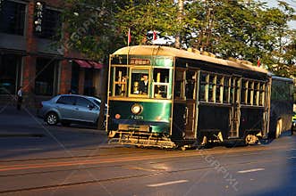 China Dalian City business street ,Tramcar