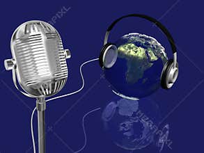 Earth sphere with headphones and retro mic,music concept