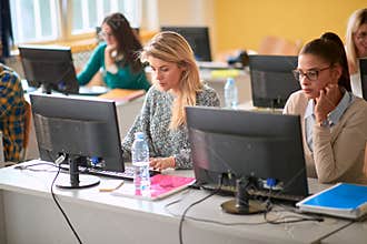 Students working on computers at an informatics lecture