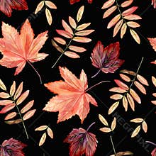 Watercolor hand painted seamless pattern with autumn leaves on black background.