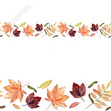 Watercolor hand painted seamless border with autumn leaves and branches.
