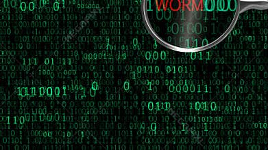 Worm trojan under digital magnifying glass, anti-virus finds malicious code