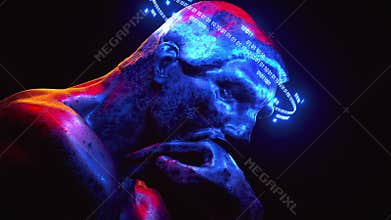 3d animation sitting historic male of stone with elements hi-tech