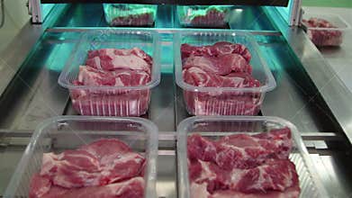 Packing of meat slices in boxes on a conveyor belt