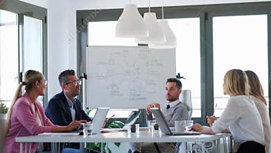 Business people discussing together in conference room during meeting at office.