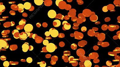 Computer generated 3D rendering. Many randomly rotating gold coins on a black background