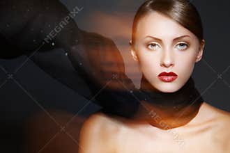 Accessories. Model with chic make-up & silk scarf