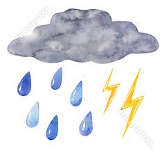 Cloud with raindrops and lightning, hand drawn watercolor illustration