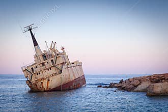 Abandoned rusty ship Edro III near Pegeia, Paphos, Cyprus