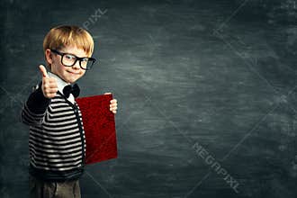 Smart Kid in Glasses, School Child Advertising Book Blank Cover, Boy showing Thumbs Up over Blackboard