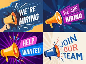 Now hiring banner. We are hiring, join our team and vacancy announcement flyer template vector set