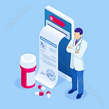 Isometric online doctor consultation, healthcare, medical concept. Online treatment recipe.