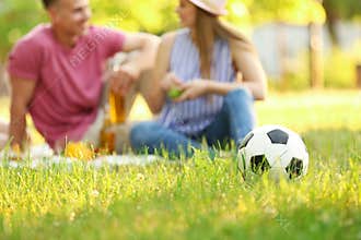 Blurred view of young couple having picnic in sunny summer park