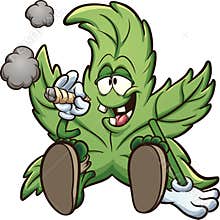 Cartoon cannabis plant character smoking a marihuana joint