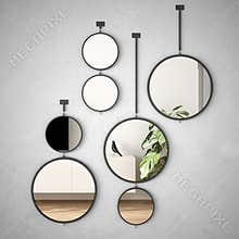 Round mirrors hanging on the wall reflecting interior design scene, minimalist white living, modern architecture concept idea