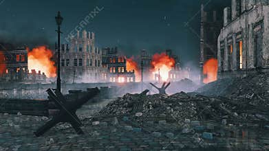 Street barricade in ruined after war city at night 4K