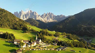 Santa Maddalena Magdalena village with majestic Gruppo delle Odle mountain range in the background, Val di Funes valley,