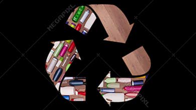 Recycle sign made of plastic bottles moving - stop motion animation