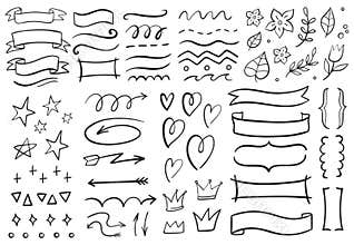 Vintage decorative doodles. Hand drawn ribbon, outline arrows and doodle holidays cards decorations vector set