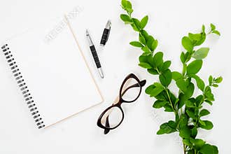 Flat lay home office desk. Female workspace with blank paper notebook, pen, glasses and banch of barberry. Top view feminine