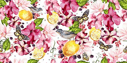 Seamless background with watercolors petunia, magnolia and lemon. Berryes, butterfly  and birds. Lovely realistic garden flowers.