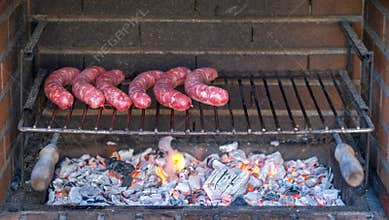 Grilled sausages on the on barbecue with flame, picnic with friends