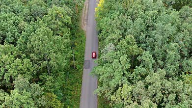 Aerial view of red car driving on country road in forest.