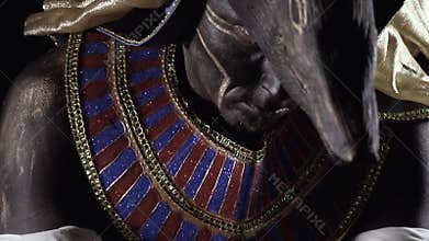 Close up of Anubis in ancient clothes with jackals head looking up