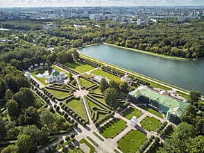 The residence of Sheremetevs Kuskovo on a summer sunny day. Regular garden in the French style. Aerial drone view