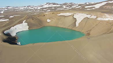 Krafla Caldera and Tourists. Volcanic Crater. Iceland. Aerial View