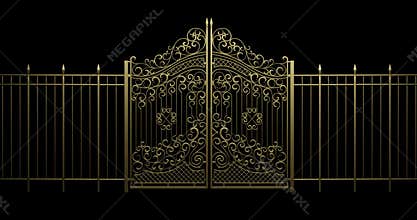 3D rendered animation. Opening and Closing Golden Gates and Fence.  Isolated from Black Background