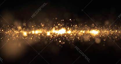 Gold glitter light wave, sparkling particles shine bokeh effect on black background. Shining gold sparks and glittering sparkling