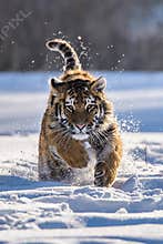 Siberian Tiger running. Beautiful, dynamic and powerful photo of this majestic animal. Set in environment typical for this amazing