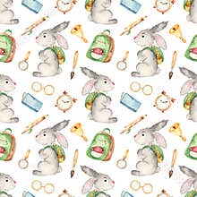 Watercolor seamless pattern with cute rabbit and school set